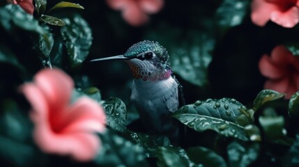 Fototapeta premium A stunning hummingbird perches gracefully among vibrant pink blossoms, showcasing its iridescent feathers and the beauty of nature in a serene setting.