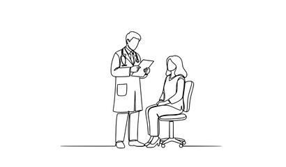 Obraz premium Continuous line drawing of male doctor consulting female patient medical record vector illustration