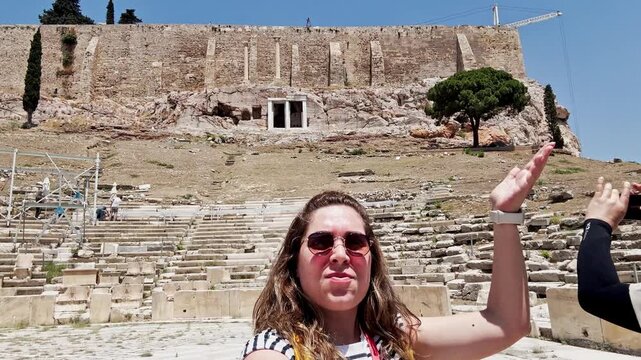 Happy Tourist Selfie at the Ancient Theatre of Dionysus, Athens, Greece
