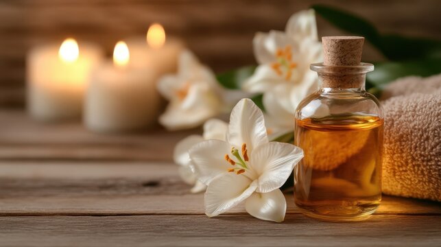A tranquil spa setting featuring aromatherapy oils, fresh flowers, and candles, promoting relaxation and self-care while inviting viewers to indulge in a peaceful at-home experience.