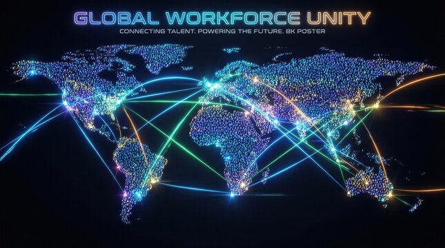 Global workforce unity concept featuring digital world map with glowing connection lines and data networks representing international business talent mobility and modern corporate strategy