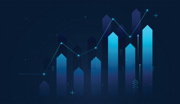 A glowing line graph climbs across tall blue bars, showing dynamic market movement. and Vertical neon columns form a futuristic financial dashboard backdrop