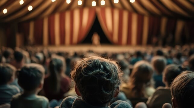 A captivated audience of children watches in wonder as a performer presents an enchanting act on stage, immersed in joy and excitement inside a circus tent.
