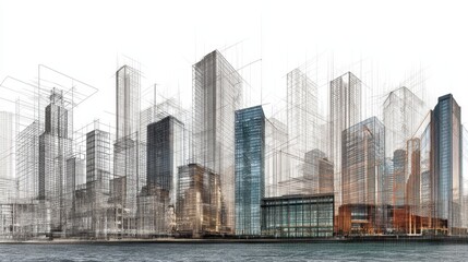 Fototapeta premium Urban skyline blending wireframe blueprints and completed skyscrapers along a waterfront, visualizing architectural planning, design, construction and urban development progress