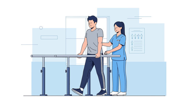 Physical therapist assists patient walking on parallel bars for rehabilitation after surgery or injury