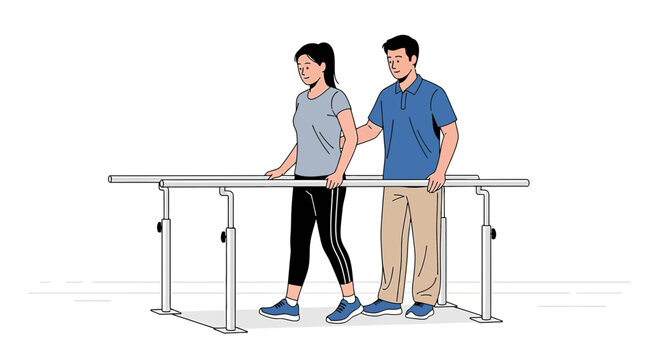 Physical Therapist Assists Patient Walking on Parallel Bars for Rehabilitation and Recovery