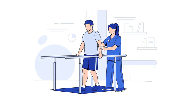 Physical therapist assists patient walking with parallel bars for rehabilitation after surgery or injury