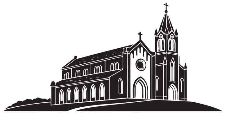 Detailed black and white gothic style church building illustration with arched and steeple situated on a grassy hillside for religious and architectural concepts cathedral religion building