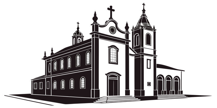 Traditional colonial style catholic church illustration in black and white featuring a bell tower and symmetrical architectural facade for cultural and religious themes colonial architecture