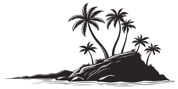 Tropical desert island silhouette illustration featuring palm trees and rocks overlooking the sea for travel vacation and summer paradise themed graphic design tropical paradise vacation