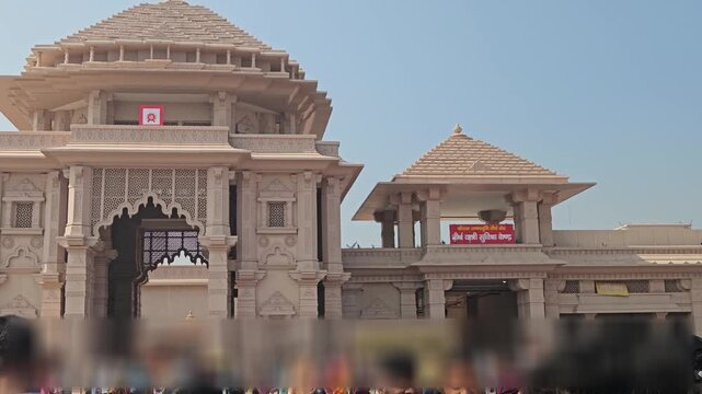 Ayodhya Ram Mandir temple entrance with grand Hindu architecture, sacred shrine of Lord Rama in Ayodhya India, spiritual pilgrimage site showcasing devotion, culture religious tourism landmark