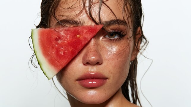Woman with dewy, glowing skin holds a watermelon slice over one eye, conveying natural beauty, hydration, summer freshness, skincare and healthy lifestyle vibes