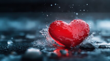 Fototapeta premium A vibrant red heart dramatically splashes into water, creating dynamic droplets and ripples, symbolizing love, passion, and vitality amidst a soothing monochrome backdrop.