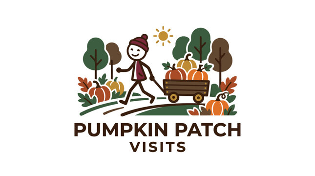 Pumpkin Patch Visits Logo Stick Figure Pulling Wagon of Pumpkins