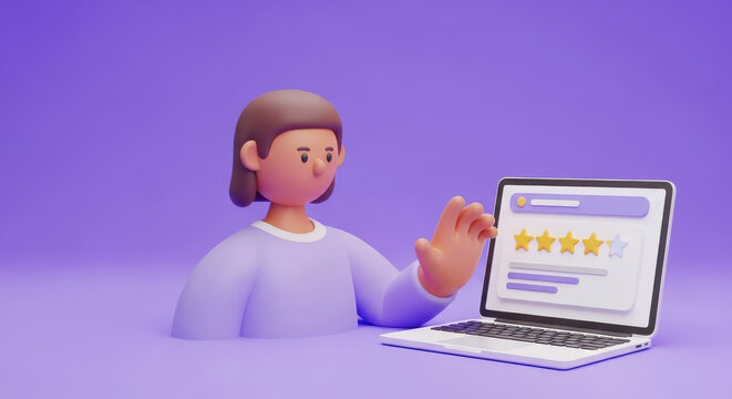 3d style person providing five star feedback on a laptop representing positive product reviews and customer satisfaction