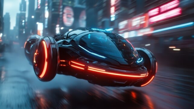 A mesmerizing futuristic hover car gliding through a neon-lit city, encapsulating the essence of modern technology and the excitement of urban exploration at night.
