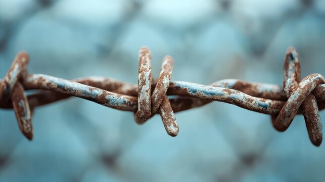 This image showcases rusty barbed wire that evokes feelings of confinement and harshness, set against a soothing, blurred blue background reflecting isolation and boundary.