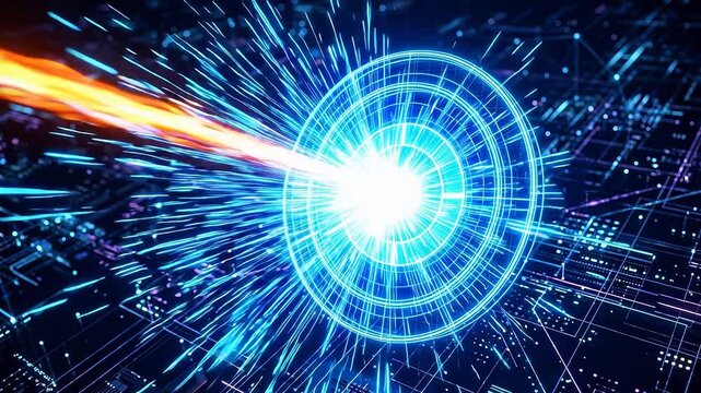 Glowing holographic blue archery target with a luminous arrow hitting the dead center, futuristic digital network background.