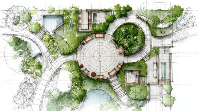 Landscape architecture plan showing a top down garden design with a central circular patio, winding pathways, trees, pool and seating areas in a detailed sketch layout