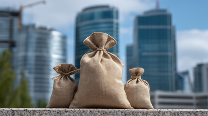 Three burlap sacks of varying sizes placed on a stone surface with modern skyscrapers and construction cranes visible in the background