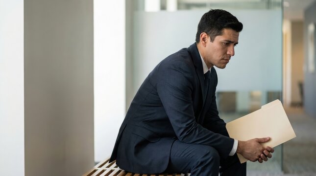 Hispanic young man experiencing job interview nerves while holding