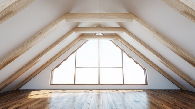 Empty attic room interior featuring a large triangular window bringing natural light into the wide open space, showcasing wooden beams, a gabled ceiling, and a dark hardwood floor