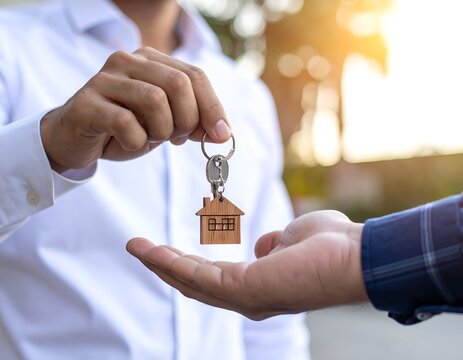 Close up lifestyle photography of a real estate agent's hand holding a house key with a small wooden house shaped keychain.