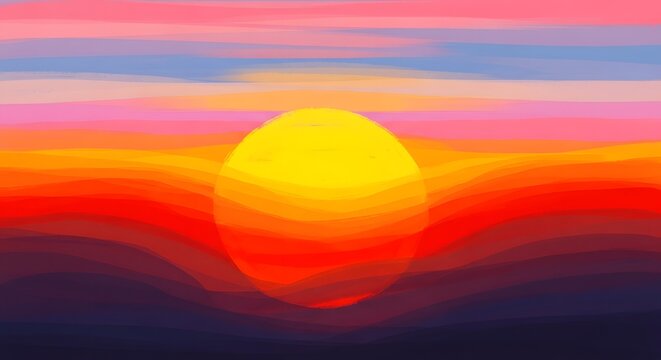 Vibrant Abstract Sunset with Layered Clouds and Bold Yellow Sun