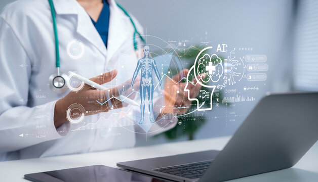 Doctor using tablet with AI brain interface and digital human skeleton healthcare data analytics medical technology diagnosis monitoring system smart healthcare innovation concept