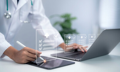 Naklejka na ściany i meble Doctor using tablet with digital medical checklist interface healthcare documentation patient record management clinical workflow quality control smart healthcare system concept