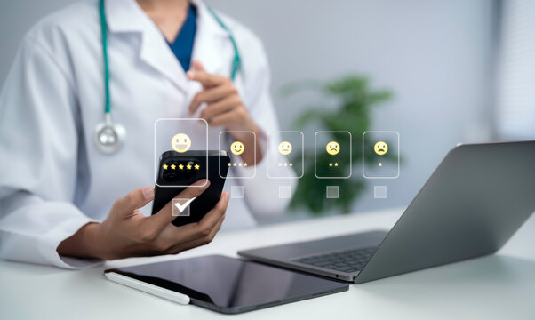 Doctor using smartphone with patient satisfaction rating feedback survey healthcare service evaluation quality assessment digital experience medical service improvement concept