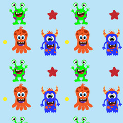 Obraz premium Seamless pattern with cute cartoon monsters, colorful funny creatures, kids blue repeating background