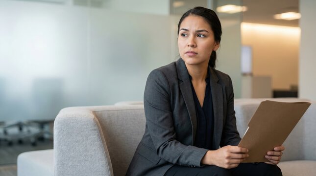 Job interview nerves Native American young woman waiting with resume