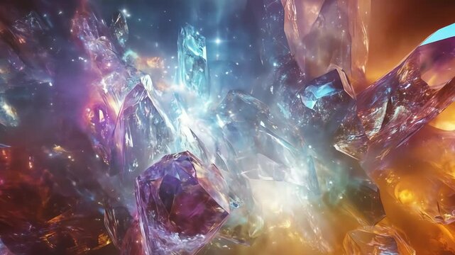 Abstract crystal formations against a dynamic background of cosmic nebulae