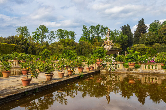 View of Isolotto, an oval-shaped island with the Fountain of the Ocean in the middle, in Boboli Gardens, Florence, Italy