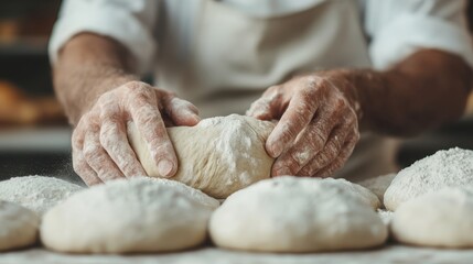Fototapeta premium A baker's hands knead soft dough covered in flour on a wooden surface, embodying the art of baking with warmth and the promise of delicious homemade bread.