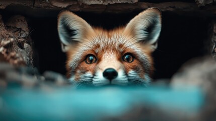 Fototapeta premium A close-up view of a curious fox peering out from its burrow with bright eyes, embodying the beauty of nature and wildlife in a captivating moment of discovery and awareness.