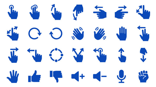 Collection of blue hand gestures and touch screen icons representing digital interaction and user interface elements for technology and communication