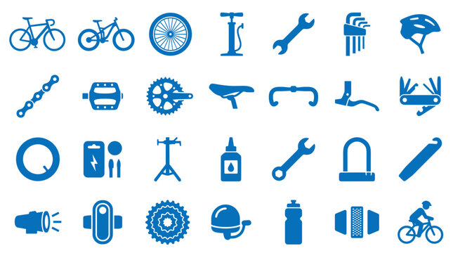Collection of blue bicycle parts and accessories icons for cycling enthusiasts and repair services