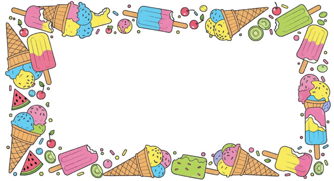 Ice cream frame with cones and popsicles, fun summer design