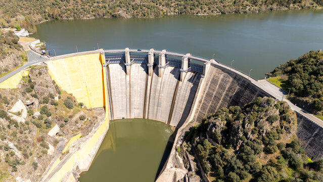 Aerial view of almendra dam, hydropower generating electricity