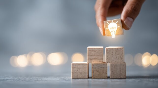 Hand placing lightbulb on wooden blocks