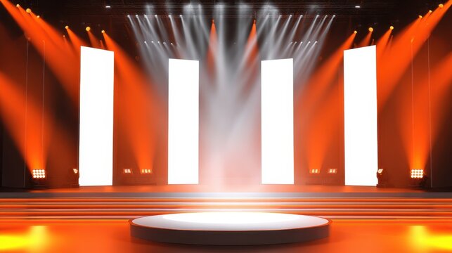 Modern event stage featuring a central round podium and large vertical display screens, bathed in dynamic orange and white spotlights, ready for presentations, concerts, and public performances