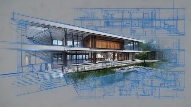 Modern luxury house concept blending detailed blueprints, floorplans and sectional sketches with a realistic 3d rendering of the building and surrounding landscaped site
