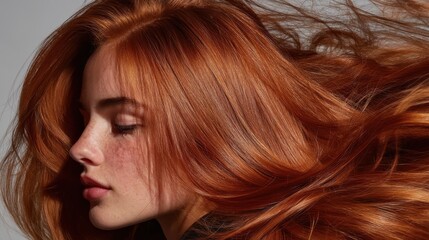 Naklejka premium Redhead woman profile with beautiful flowing copper hair and natural freckles, a portrait showcasing healthy skin and vibrant ginger color movement