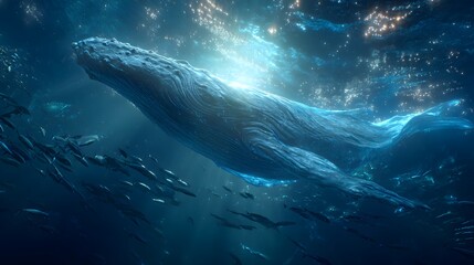 Naklejka premium Humpback whale glides through a dreamlike underwater nebula. Cinematic rays of light create a mystical atmosphere. High-concept surreal ocean art for meditation and nature blogs.