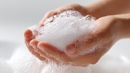 Fototapeta premium Hands holding foamy bubbles on transparent