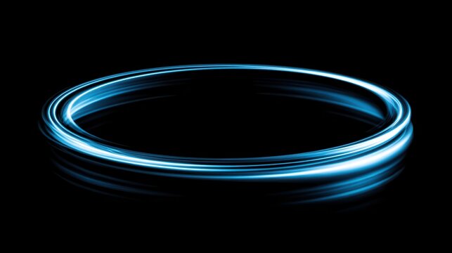Glowing blue ring creating a futuristic light trail and an abstract portal on a dark background, illustrating digital innovation, technology, and energy flow concepts