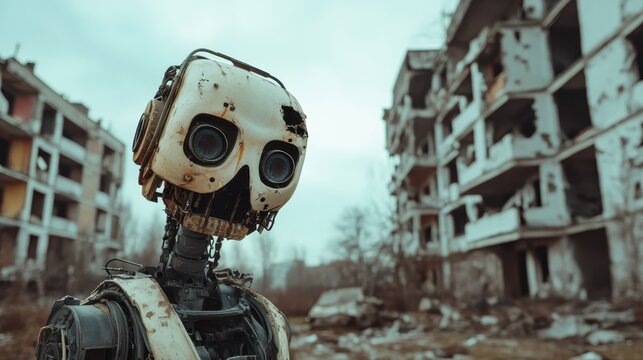 A robot stands in a desolate environment filled with crumbling buildings, exploring themes of abandonment and the intersection between technology and decay, evoking deep curiosity.
