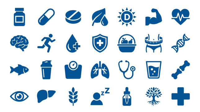 Collection of blue health and wellness icons representing medical care fitness and healthy lifestyle elements on a white background